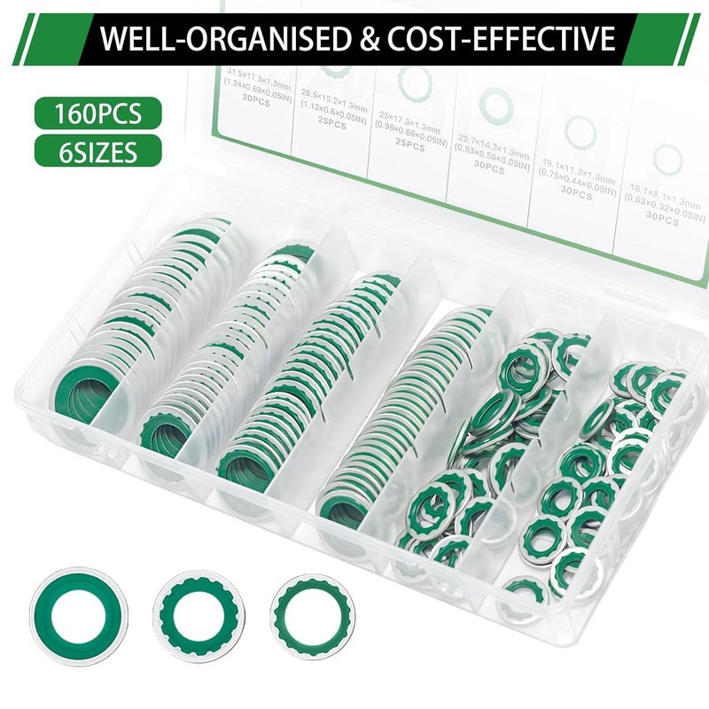 Japtend 160PCS Air Conditioning System Compressor Seal Washers Assortment Kit, 6 Sizes Automotive A/C Compressor Port Bonded Seal Gasket Kit (Green) - Image 4
